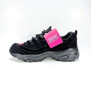 Skechers Dlites Play On Womens 7 Wide Fit Black Leather Memory Foam Sneakers